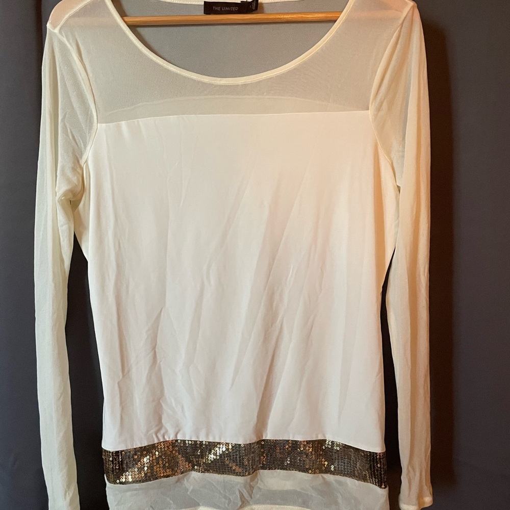 The Limited Cream and Gold Sheer Sequin Blouse